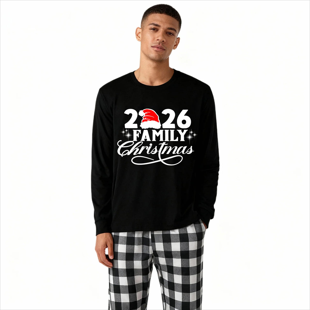 "2026 Family Christmas" Letter Print Black Long Sleeve Top with Black And White Plaid Pants Family Matching Pajamas