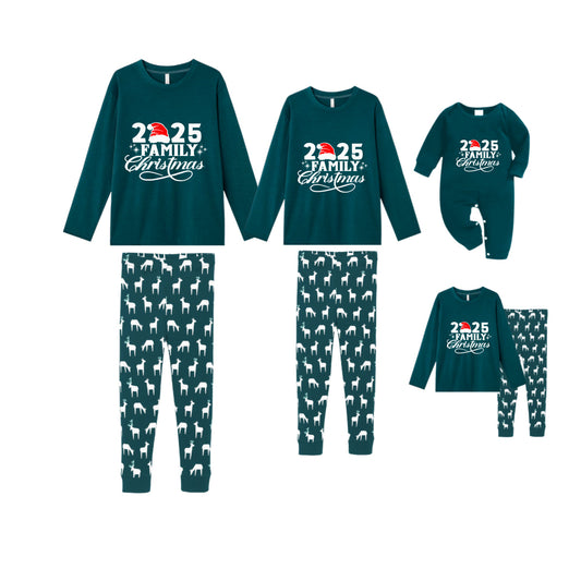 Christmas Family Matching Pajamas-Dark Green&Deer Patterned Pjs Set with "Family Christmas 2025" Artistic Font Print