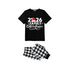 2026 Family Christmas Pajamas Set - Black Top Black and White Plaid Pants White Text Graphic