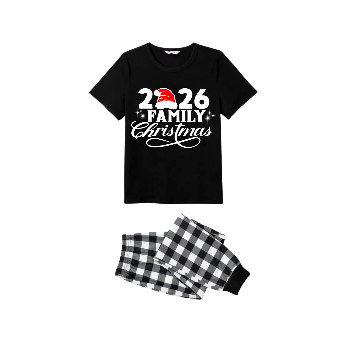 2026 Family Christmas Pajamas Set - Black Top Black and White Plaid Pants White Text Graphic