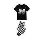2026 Family Christmas Pajamas Set - Black Top Black and White Plaid Pants White Text Graphic