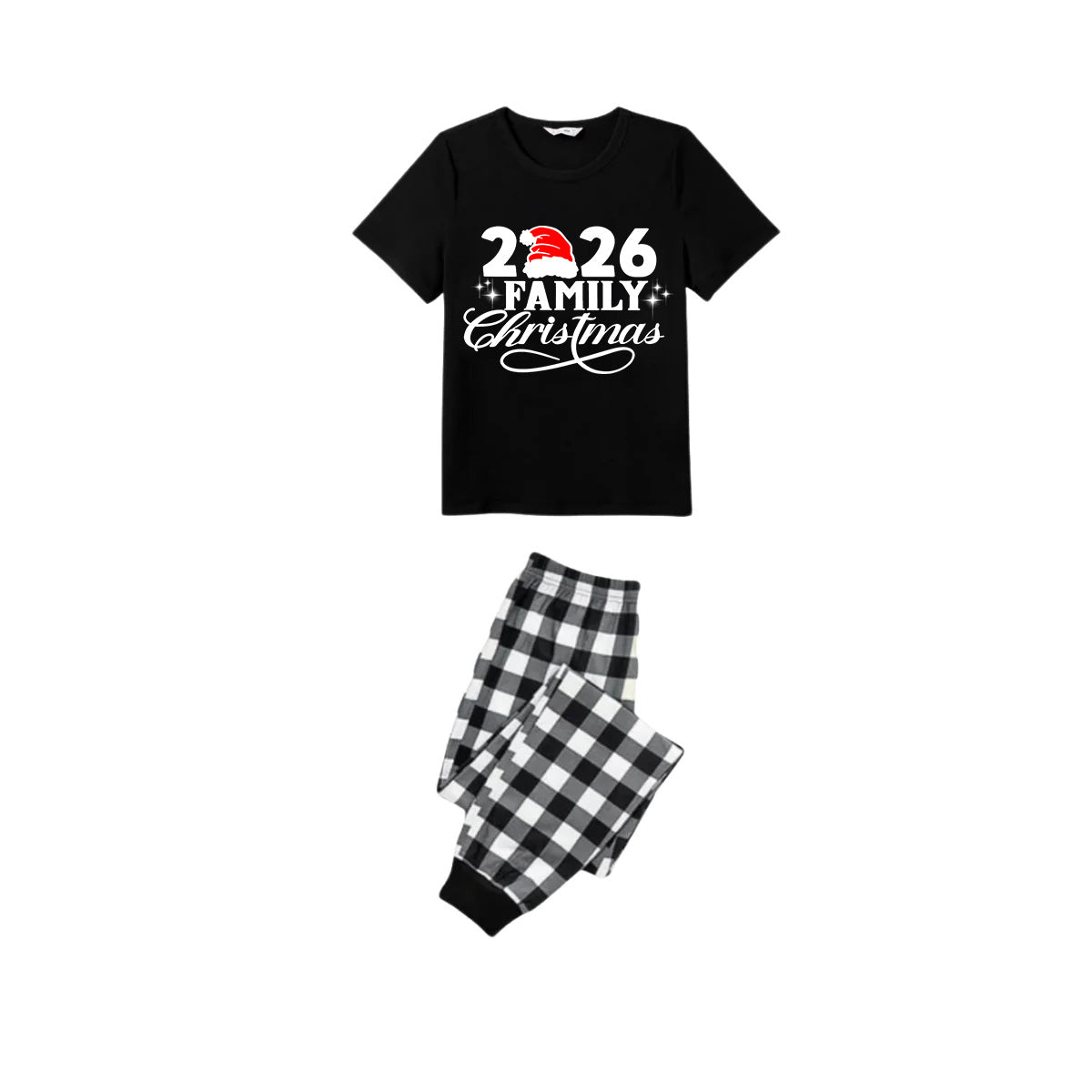 2026 Family Christmas Pajamas Set - Black Top Black and White Plaid Pants White Text Graphic