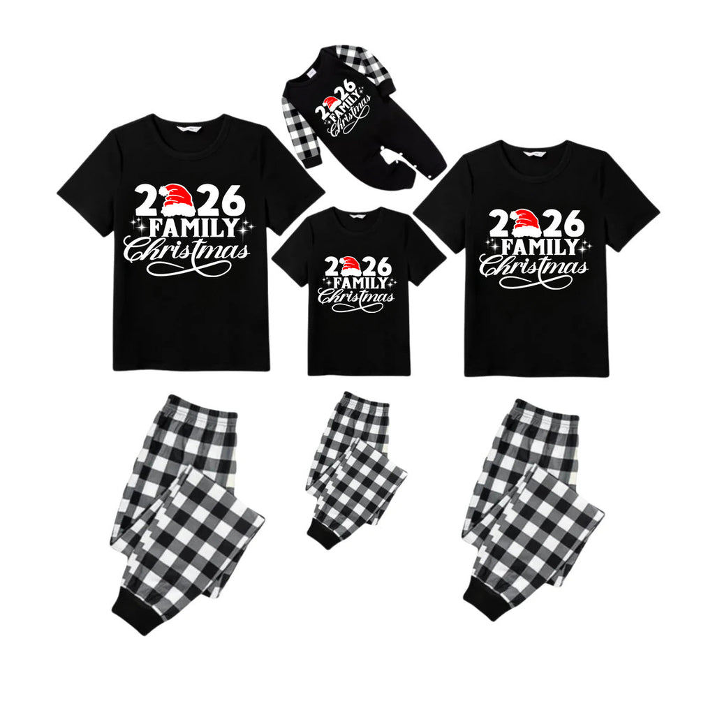 2026 Family Christmas Pajamas Set - Black Top Black and White Plaid Pants White Text Graphic