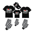 2026 Family Christmas Pajamas Set - Black Top Black and White Plaid Pants White Text Graphic