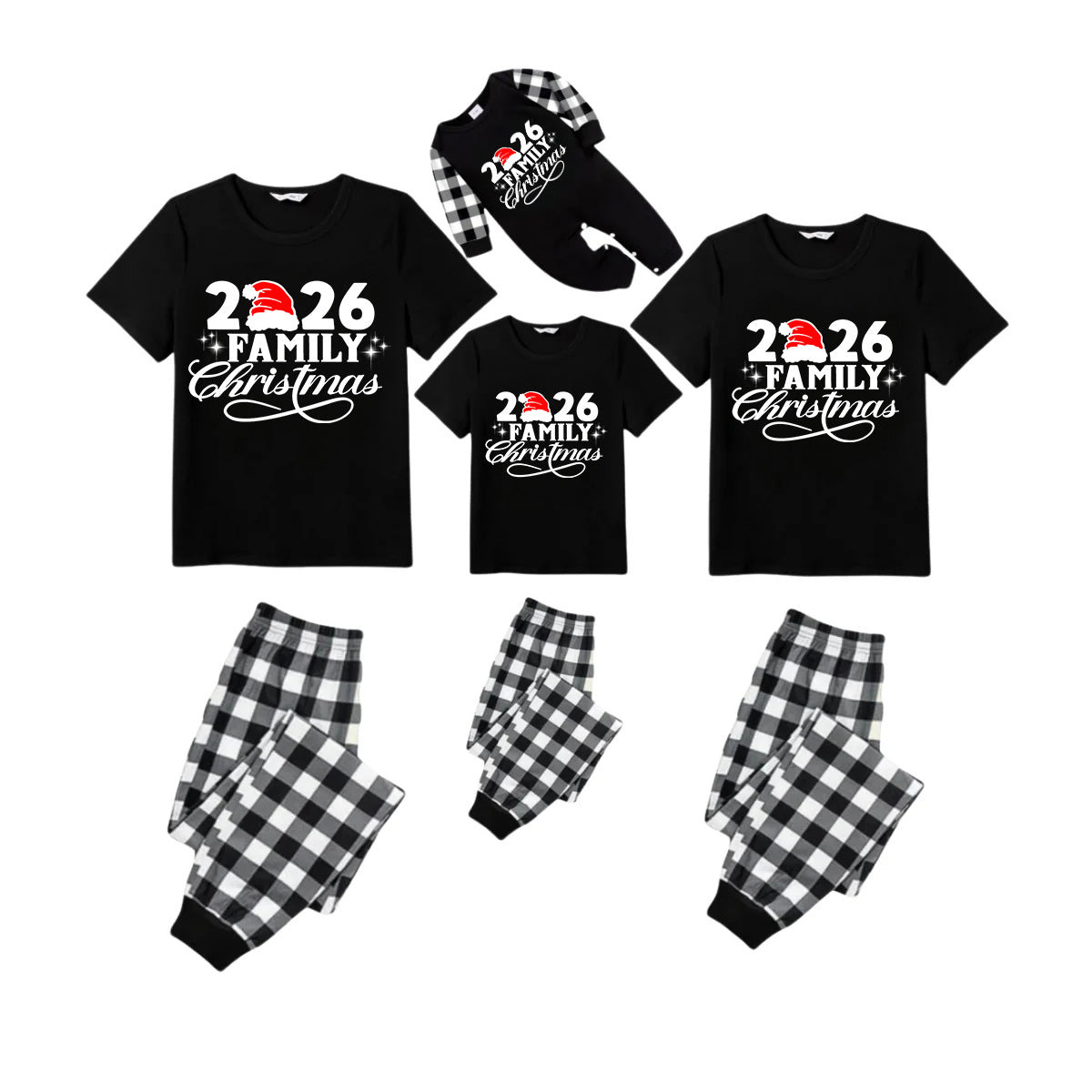 2026 Family Christmas Pajamas Set - Black Top Black and White Plaid Pants White Text Graphic