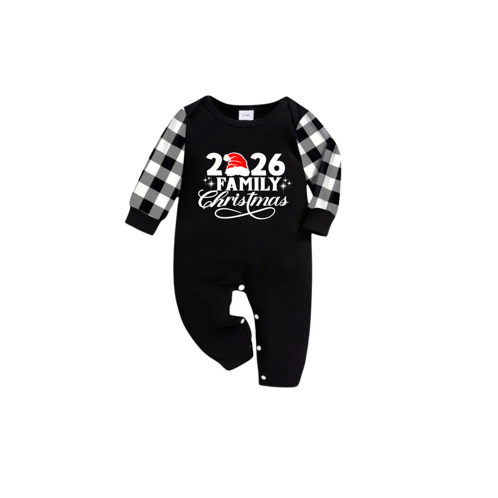 2026 Family Christmas Pajamas Set - Black Top Black and White Plaid Pants White Text Graphic