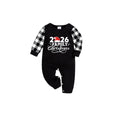 2026 Family Christmas Pajamas Set - Black Top Black and White Plaid Pants White Text Graphic