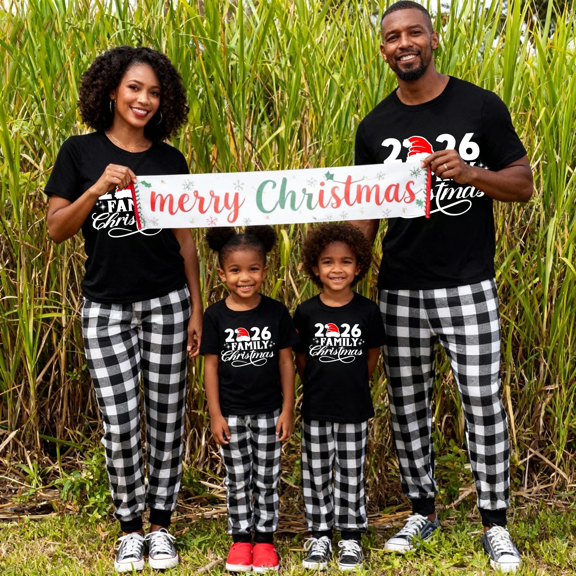 2026 Family Christmas Pajamas Set - Black Top Black and White Plaid Pants White Text Graphic
