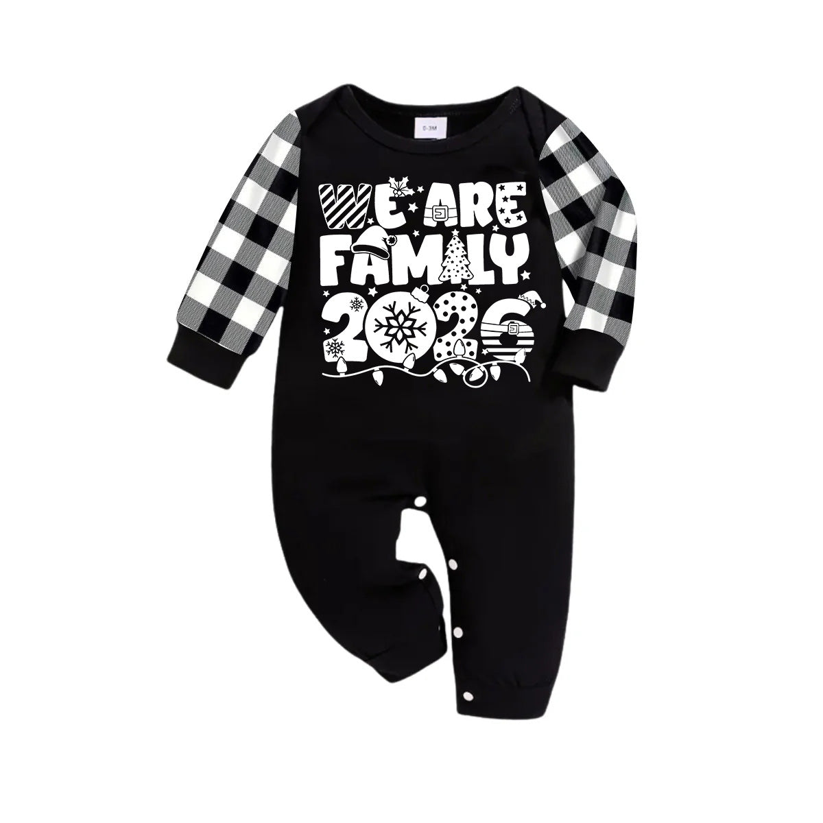 "We are Family 2026" White Letter Print Black Long Sleeve Top with Black And White Plaid Pants Family Matching Pajamas