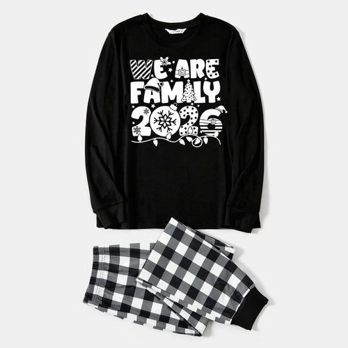 "We are Family 2026" White Letter Print Black Long Sleeve Top with Black And White Plaid Pants Family Matching Pajamas