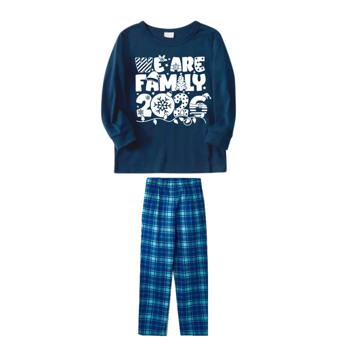 We Are Family 2026 Christmas Pajamas Set - Navy Top Blue Plaid Pants White Text Graphic