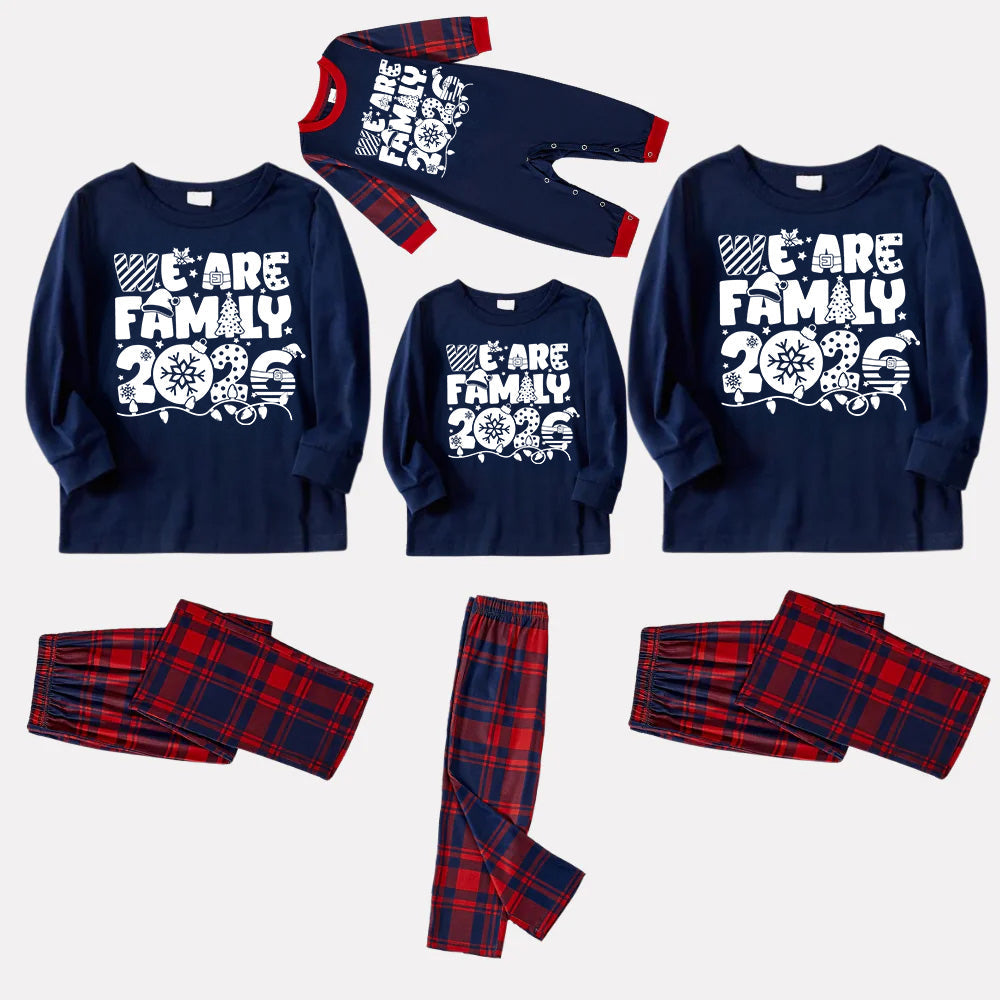 We Are Family 2026 Christmas Pajamas Set - Navy Top Red and Navy Plaid Pants White Text Graphic