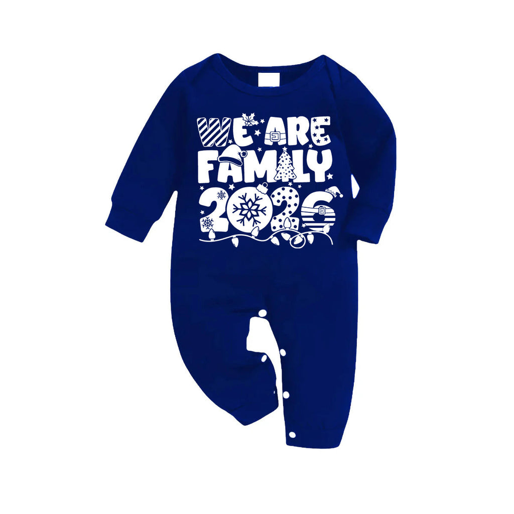We Are Family 2026 Christmas Pajamas Set - Navy Top Blue and White Plaid Pants White Text Graphic