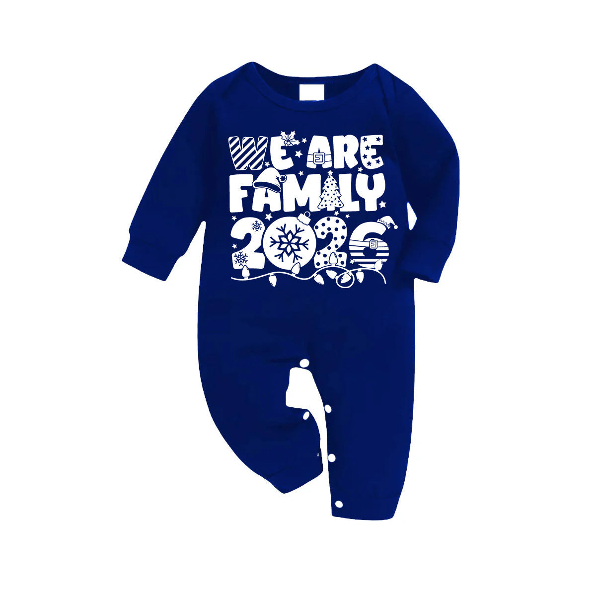We Are Family 2026 Christmas Pajamas Set - Navy Top Blue and White Plaid Pants White Text Graphic