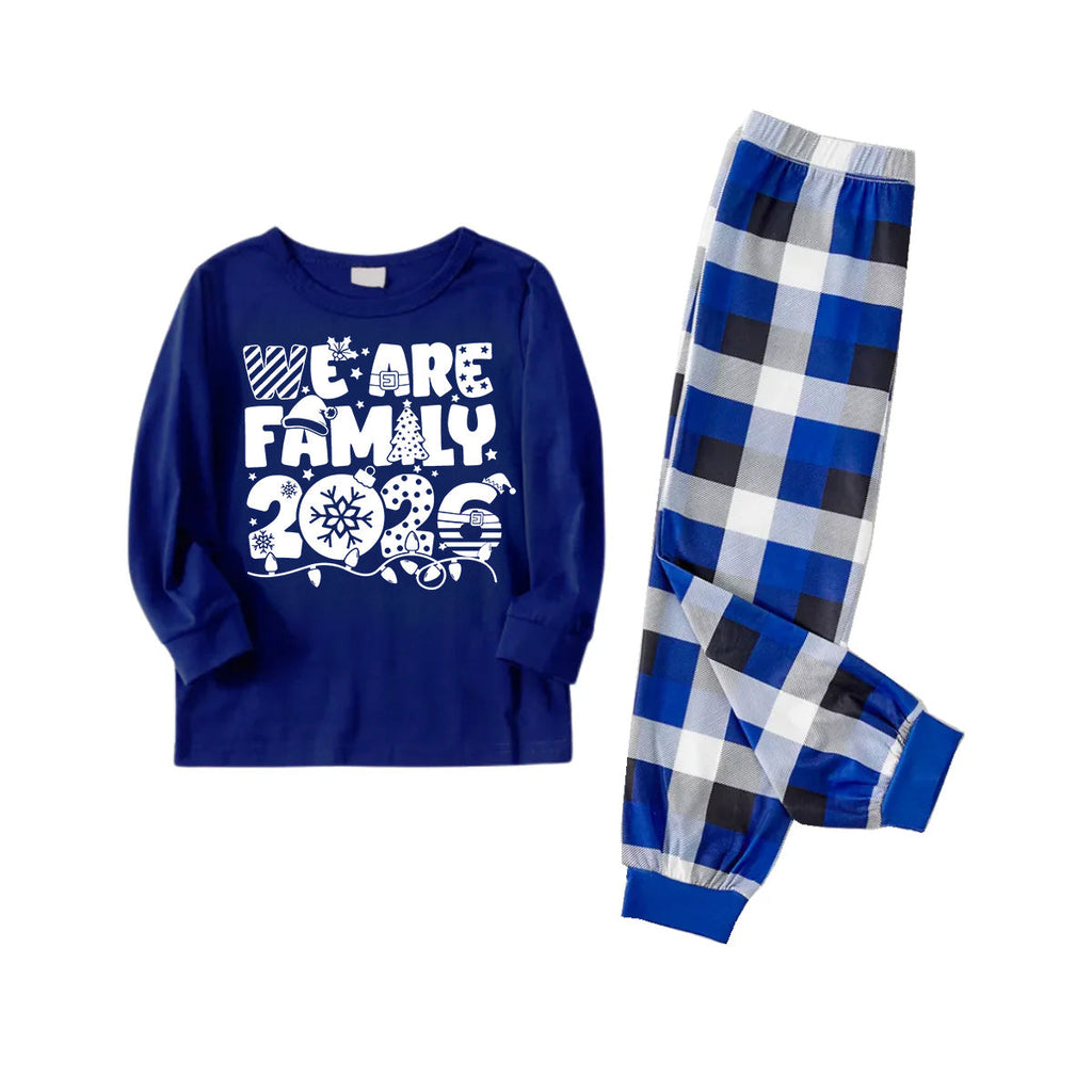 We Are Family 2026 Christmas Pajamas Set - Navy Top Blue and White Plaid Pants White Text Graphic