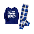 We Are Family 2026 Christmas Pajamas Set - Navy Top Blue and White Plaid Pants White Text Graphic
