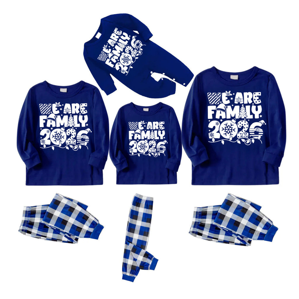 We Are Family 2026 Christmas Pajamas Set - Navy Top Blue and White Plaid Pants White Text Graphic