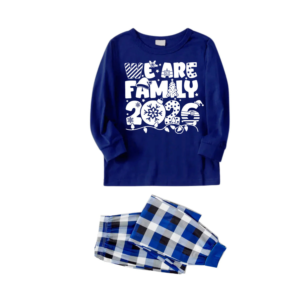 We Are Family 2026 Christmas Pajamas Set - Navy Top Blue and White Plaid Pants White Text Graphic