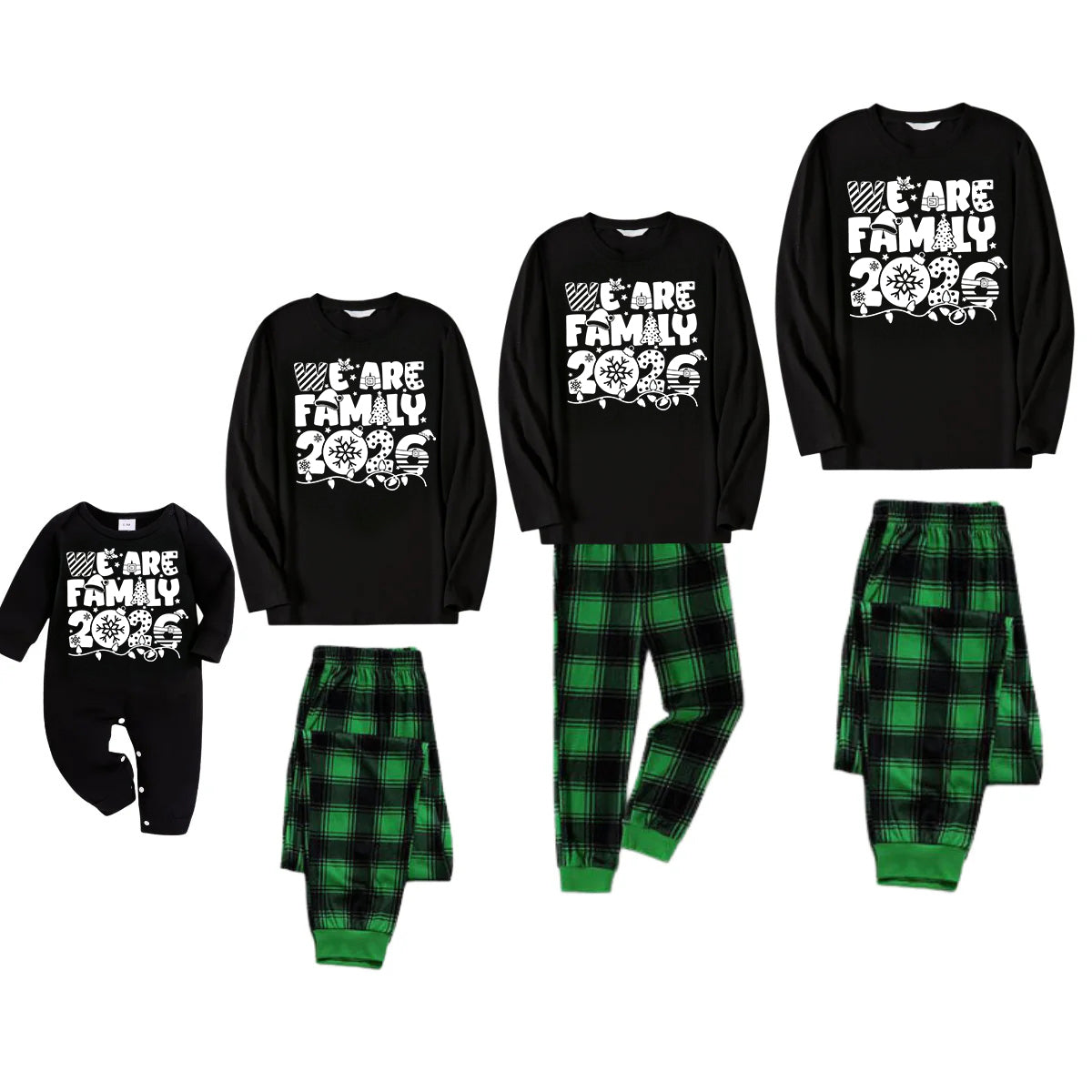We Are Family 2026 Christmas Pajamas Set - Black Top Green and Black Plaid Pants White Text Graphic