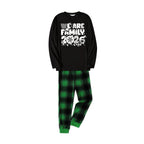 We Are Family 2026 Christmas Pajamas Set - Black Top Green and Black Plaid Pants White Text Graphic