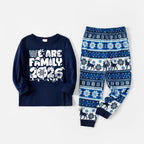 We Are Family 2026 Christmas Pajamas Set - Navy Top Blue and White Nordic Pattern Pants White Text Graphic