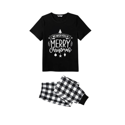 Black and White Plaid Short Sleeve Christmas Family Pajamas Set With Christmas Text Print
