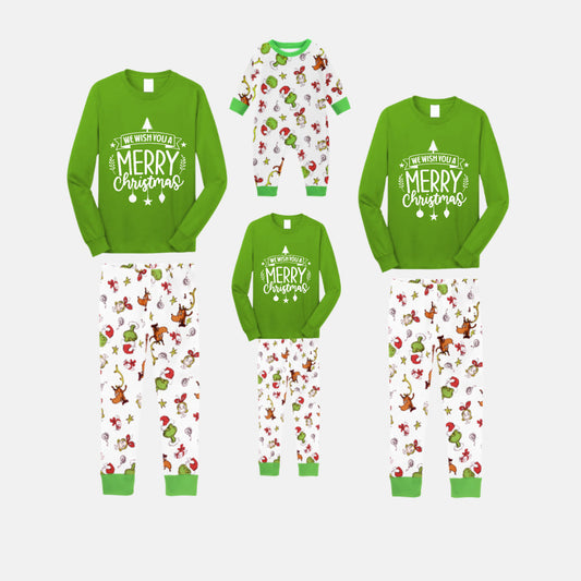 Christmas Family Matching Pajamas-Green Top and Grinch Pants Pjs Set with "We Wish You A Merry Christmas" Print