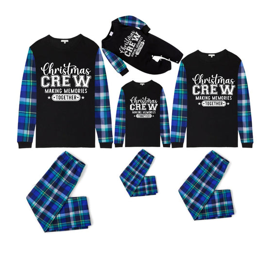 Blue and Green Plaid Christmas Pajamas Set With "Christmas CREW" Making Memories Together White and Black Text Print