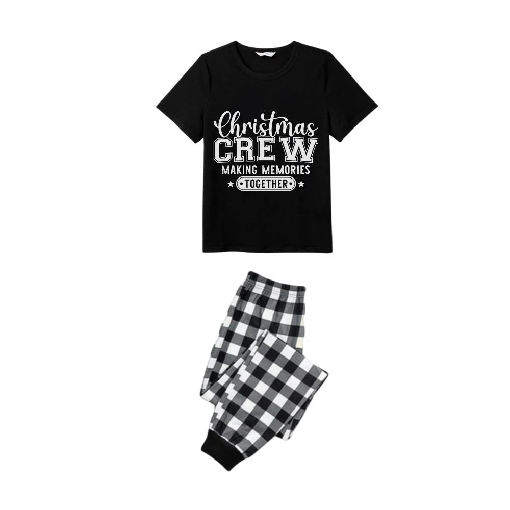 Black and White Plaid Short Sleeve Christmas Pajamas Set With Text Print