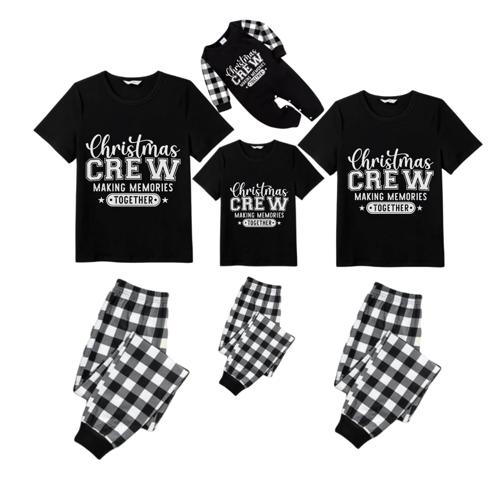 Black and White Plaid Short Sleeve Christmas Pajamas Set With Text Print