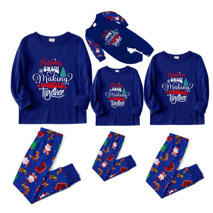 Christmas Family Matching Pajamas-Cozy Blue Pjs Set with "Christmas Crew Making Memories Together"  and Christmas Tree Pattern Print