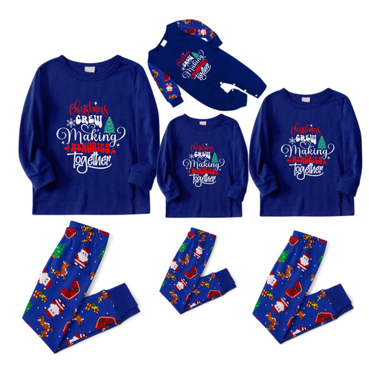 Christmas Family Matching Pajamas-Cozy Blue Pjs Set with "Christmas Crew Making Memories Together"  and Christmas Tree Pattern Print