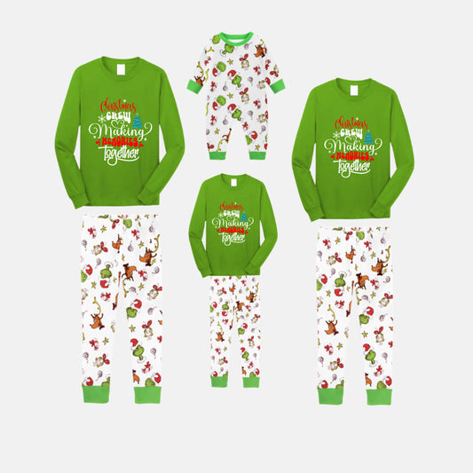 Christmas Family Matching Pajamas-Green Top and Grinch Pants Pjs Set with "Christmas Crew Making Memories Together" Artistic Font Print