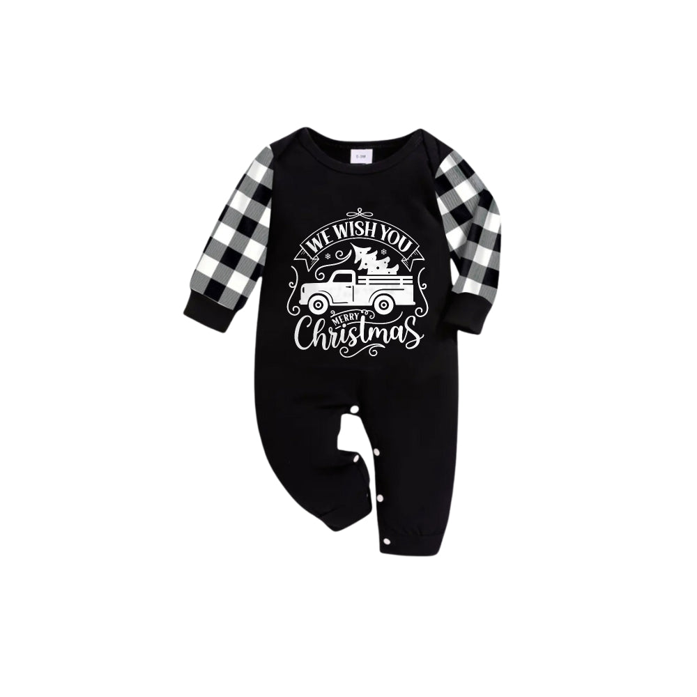 Black and White Plaid Short Sleeve Christmas Pajamas Set With Christmas Tree and Car Print