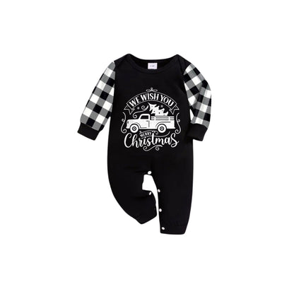 Black and White Plaid Short Sleeve Christmas Pajamas Set With Christmas Tree and Car Print