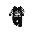Black and White Plaid Short Sleeve Christmas Pajamas Set With Christmas Tree and Car Print