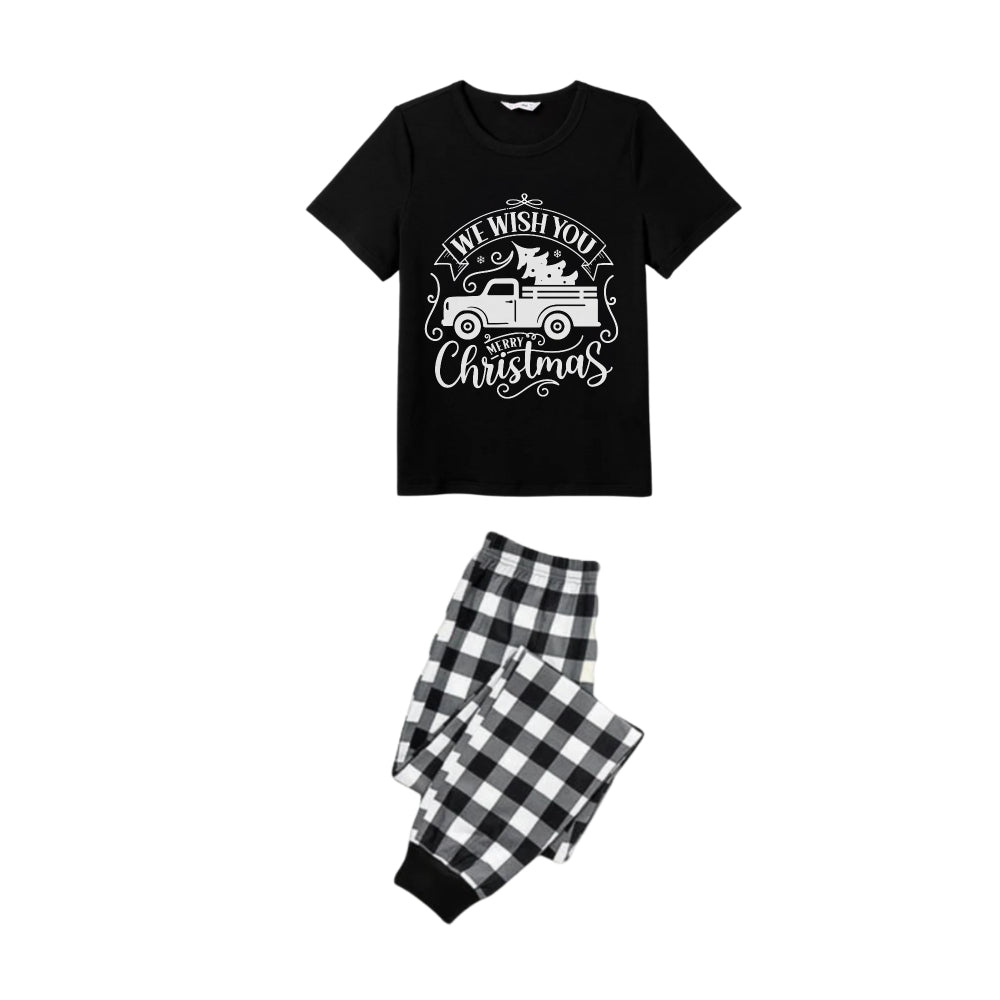Black and White Plaid Short Sleeve Christmas Pajamas Set With Christmas Tree and Car Print