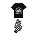 Black and White Plaid Short Sleeve Christmas Pajamas Set With Christmas Tree and Car Print