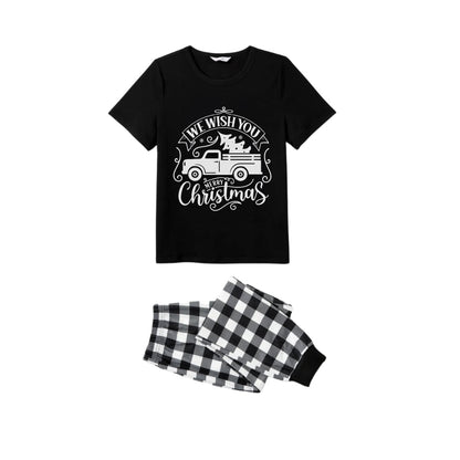 Black and White Plaid Short Sleeve Christmas Pajamas Set With Christmas Tree and Car Print
