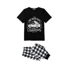 Black and White Plaid Short Sleeve Christmas Pajamas Set With Christmas Tree and Car Print