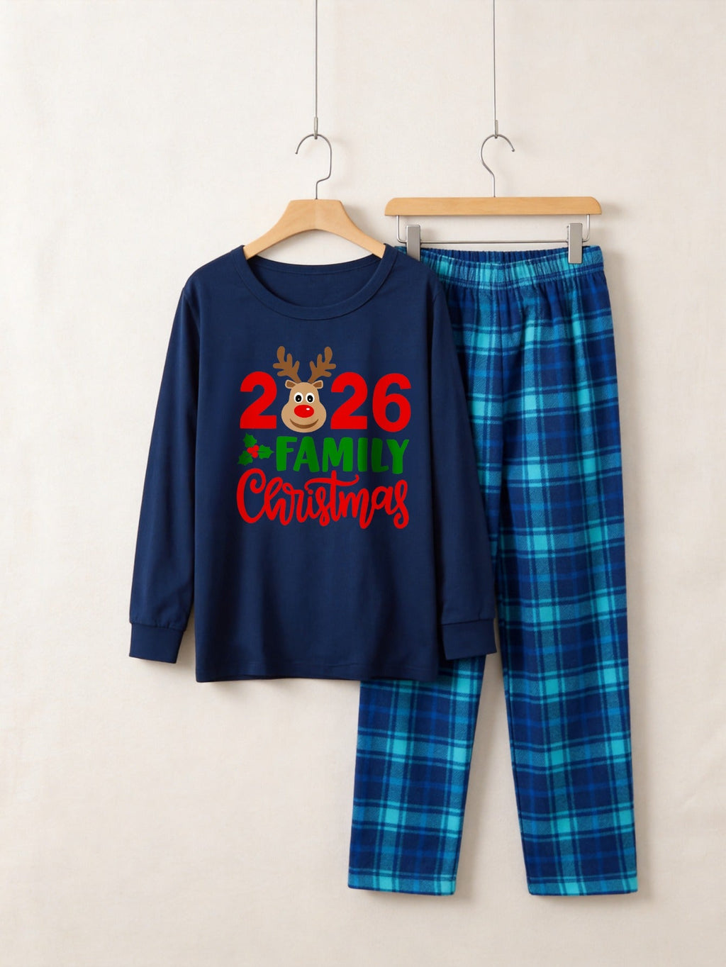 "2026 Family Christmas" Moose Letter Print Blue Plaid Christmas Matching Pajamas