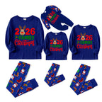 2026 Reindeer Family Christmas Family Pajamas Set - Blue Top / Blue Santa Print Pants / Blue Santa Print Sleeves