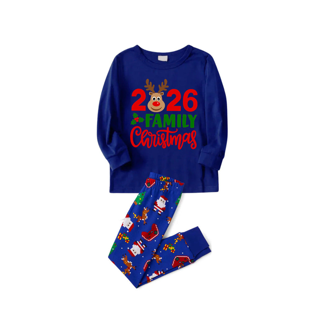 2026 Reindeer Family Christmas Family Pajamas Set - Blue Top / Blue Santa Print Pants / Blue Santa Print Sleeves