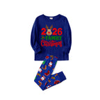 2026 Reindeer Family Christmas Family Pajamas Set - Blue Top / Blue Santa Print Pants / Blue Santa Print Sleeves