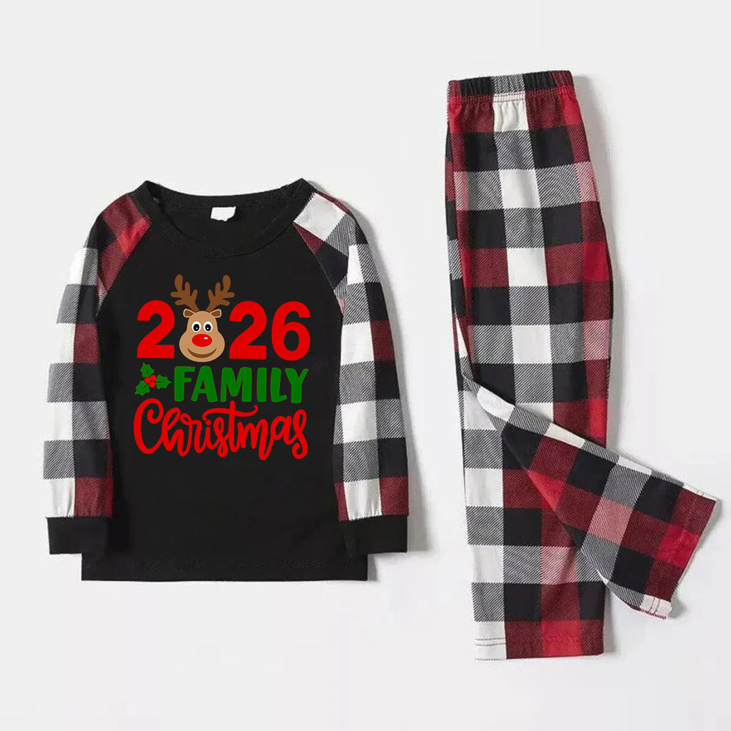 "2026 Family Christmas" Moose Letter Prints Red & Black & Grey & White Plaid Family Matching Pajamas