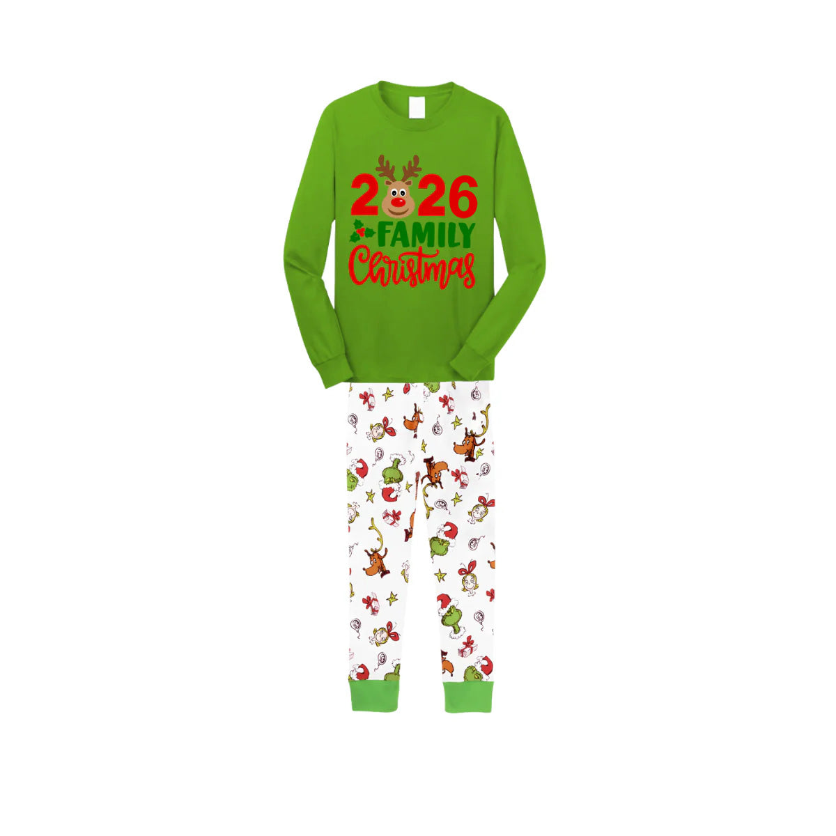 2026 Reindeer Family Christmas Family Pajamas Set - Green Top / White Cartoon Animal Print Pants / White Cartoon Animal Print