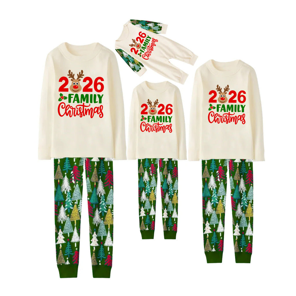 2026 Reindeer Family Christmas Family Pajamas Set - Cream Top / Green Tree Print Pants / Green Tree Print Sleeves