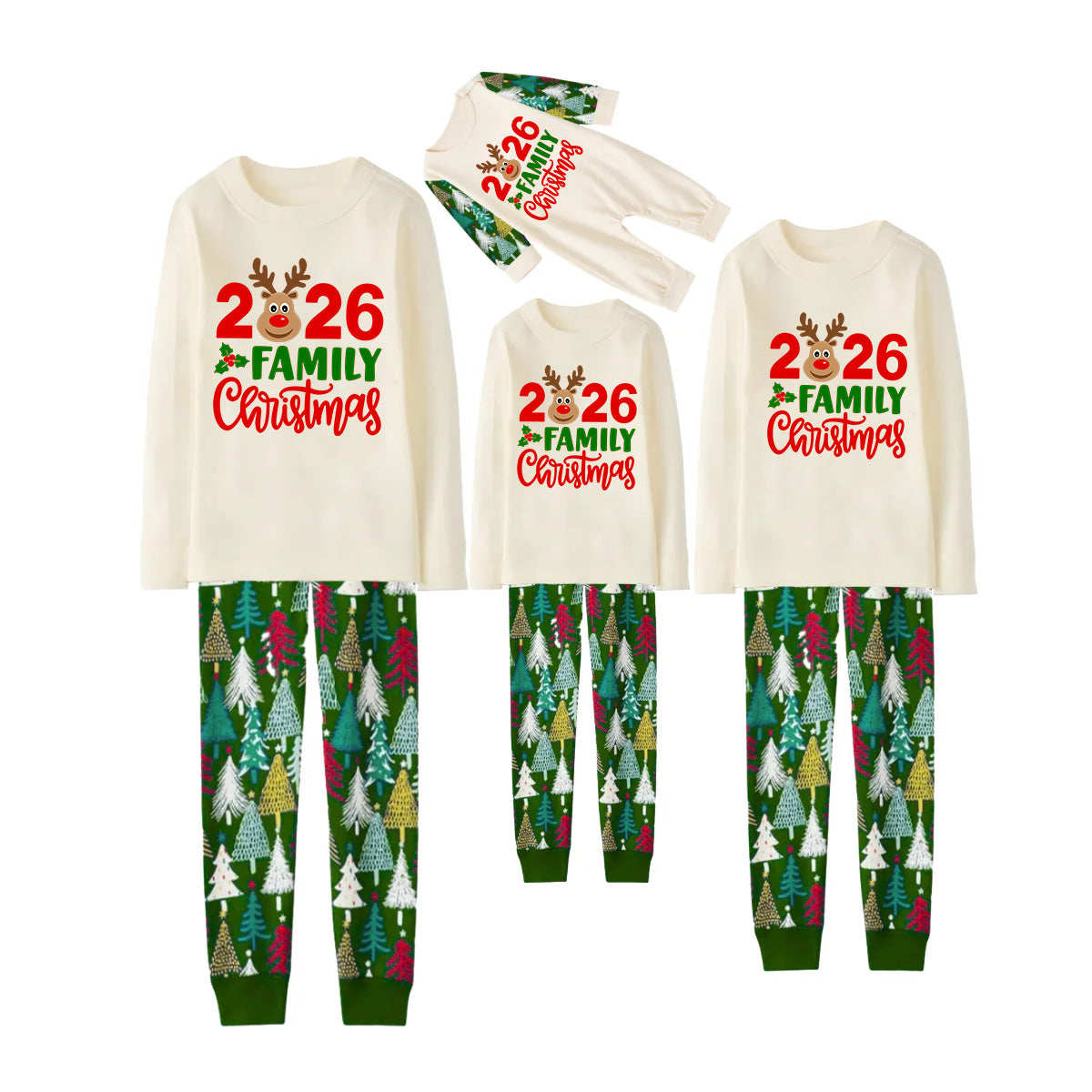 2026 Reindeer Family Christmas Family Pajamas Set - Cream Top / Green Tree Print Pants / Green Tree Print Sleeves