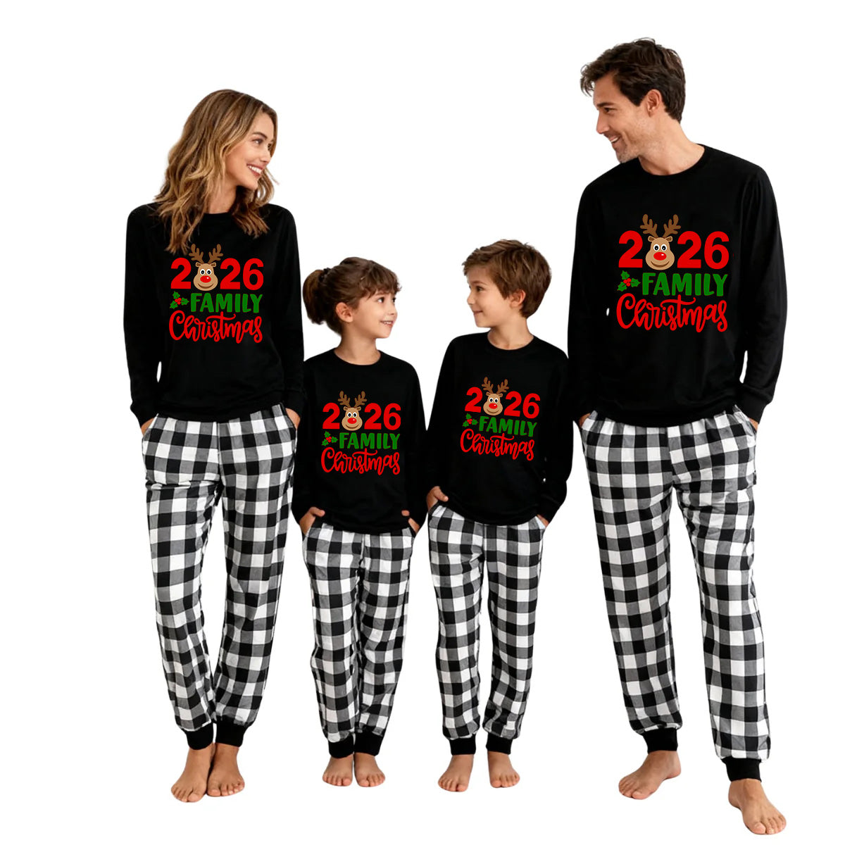 "2026 Family Christmas" Moose Letter Print Black Long Sleeve Top with Black And White Plaid Pants Family Matching Pajamas