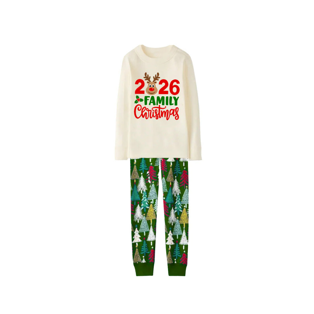 2026 Reindeer Family Christmas Family Pajamas Set - Cream Top / Green Tree Print Pants / Green Tree Print Sleeves